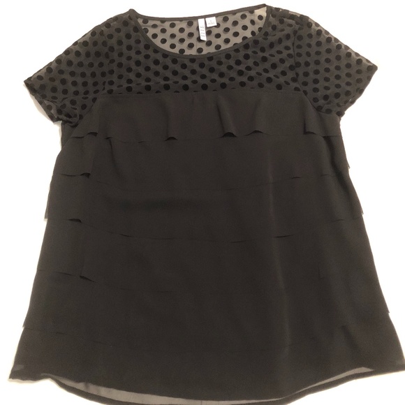 ELLE Black Ruffle Blouse with Velvet Dots - Size Small - Picture 3 of 5